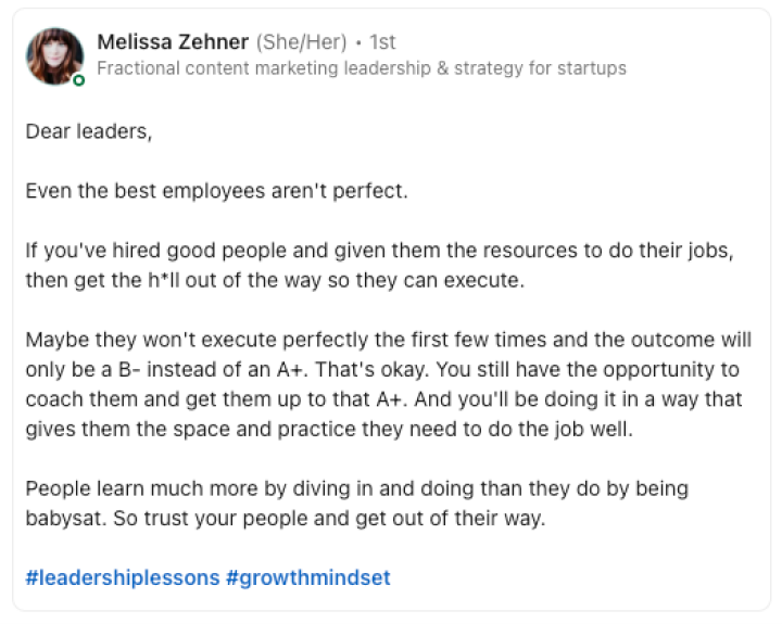 Melissa Zehner quote - hire great people and get the hell out of their way (avoid micromanaging!)