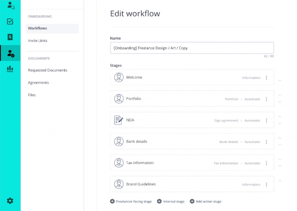 Workflow Editor in Worksuite - example of an automated onboarding freelancer workflow